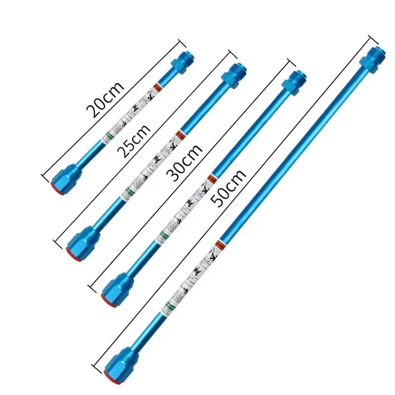 A set of blue airless paint sprayer extension rods with various lengths, including 20cm, 25cm, 30cm, and 50cm.