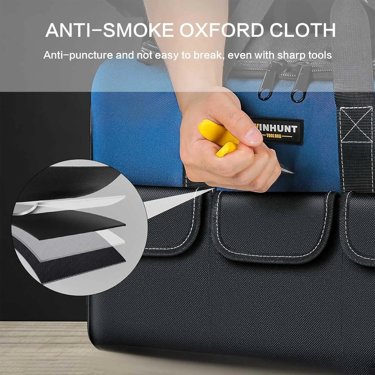 A hand is shown holding a yellow tool inside an anti-smoke oxford cloth tool bag with reinforced pockets.