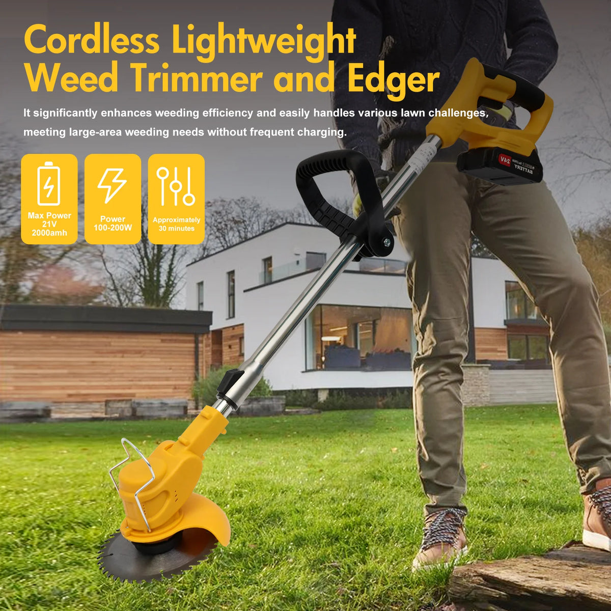 A person is operating a yellow cordless lightweight weed trimmer and edger on a lawn.