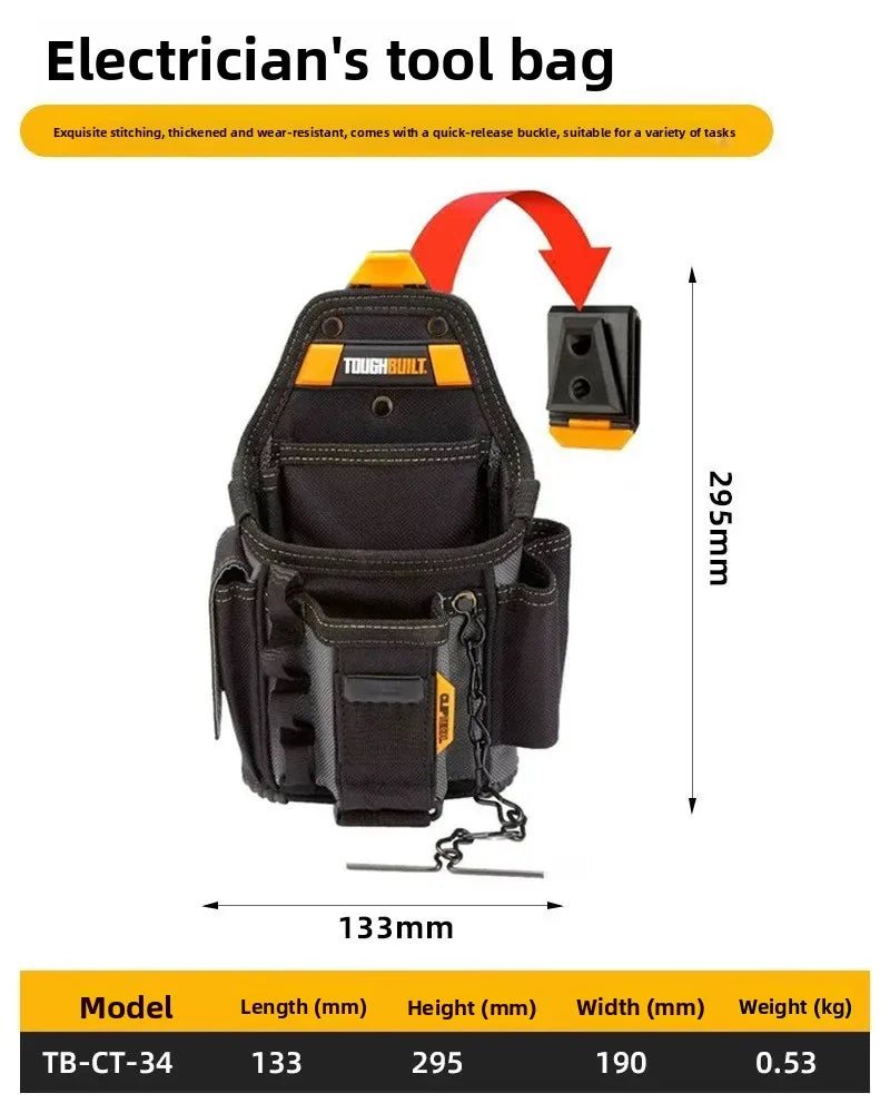 A black electrician's tool bag or belt with multiple pockets shown against a white background.