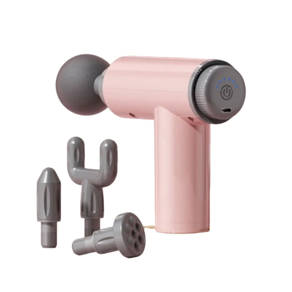 A pink compact cordless percussion massager with a gray head and multiple attachments.