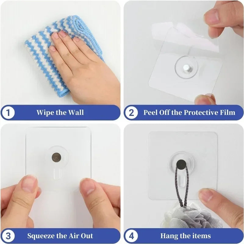 Four steps showing how to use self-adhesive wall hooks for frames and photos