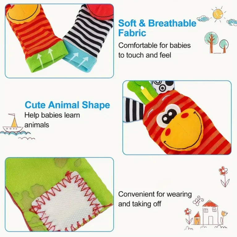 Soft and breathable fabric baby wrist rattles and foot finder socks in various animal shapes