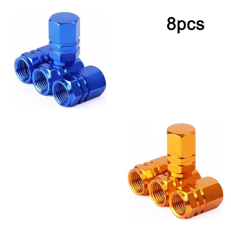 Eight aluminum alloy tire valve caps in blue and gold colors.