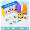 A box of a stacked cup bottle set with 12 cups, 1 bell, and 50 activity cards for early learning.