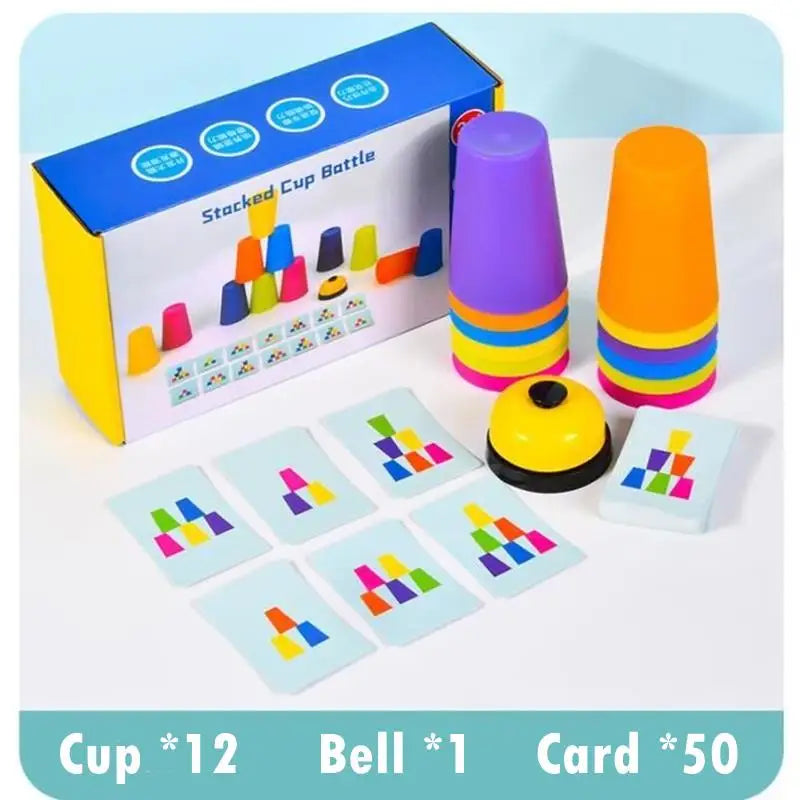 A box of a stacked cup bottle set with 12 cups, 1 bell, and 50 activity cards for early learning.