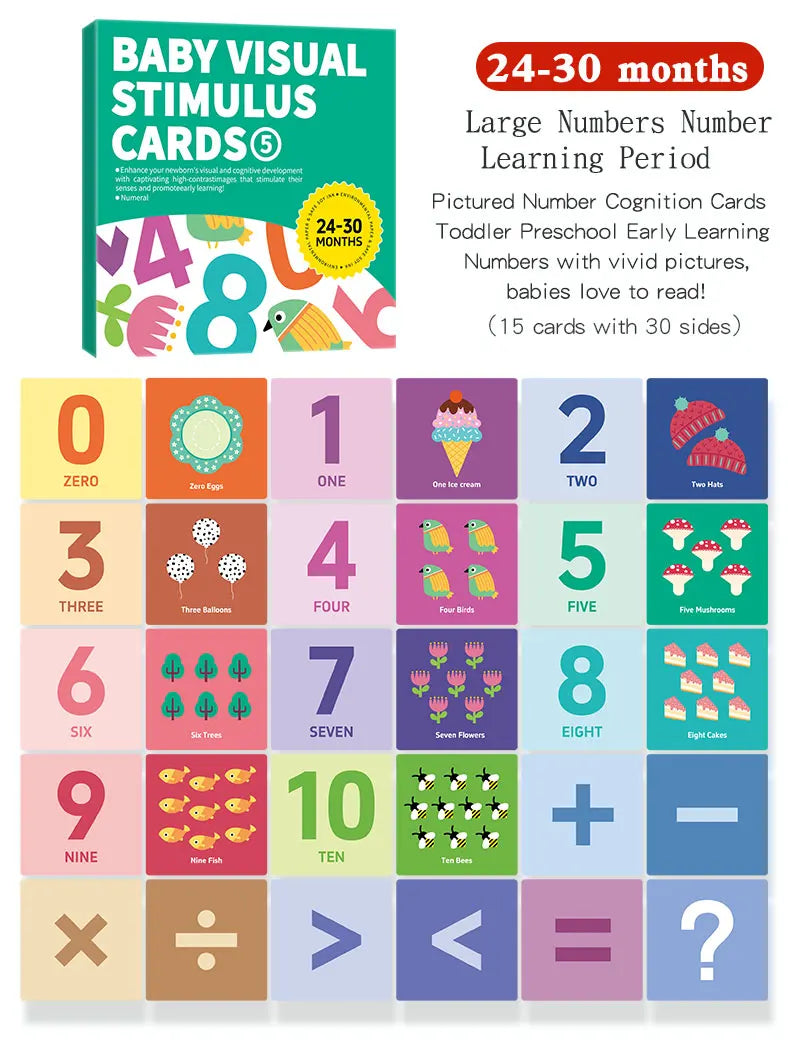 A set of Montessori high-contrast flash cards for baby visual stimulation featuring numbers, shapes, and basic math symbols.