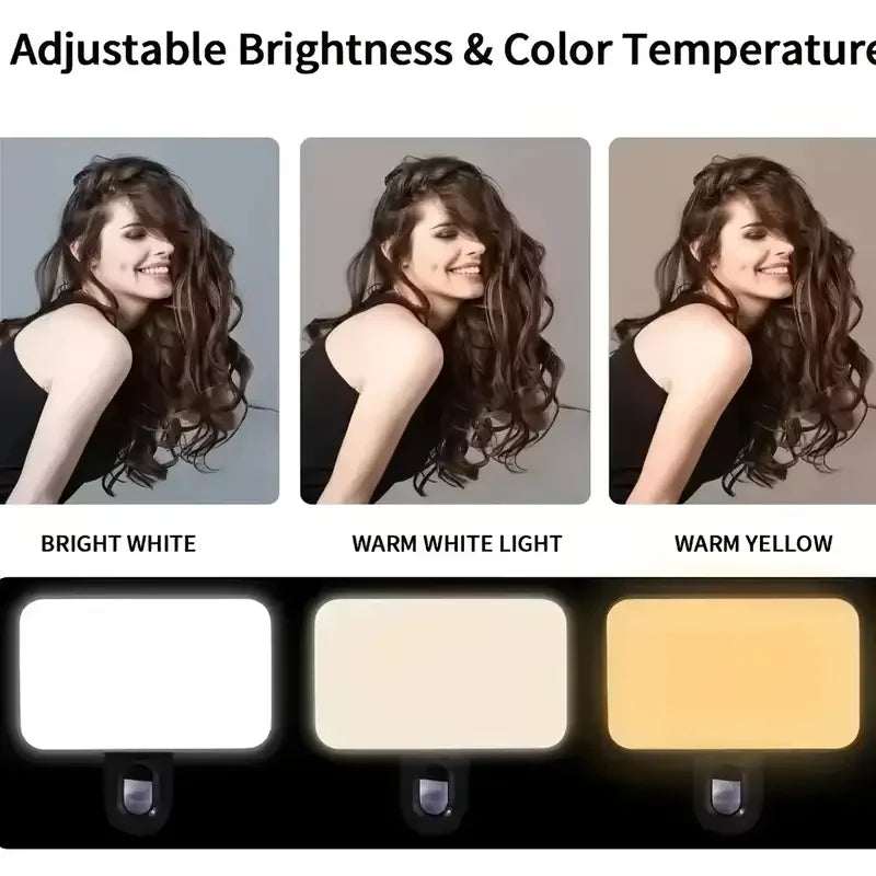 Clip-On LED Selfie Light with 3 Color Modes and Adjustable Brightness