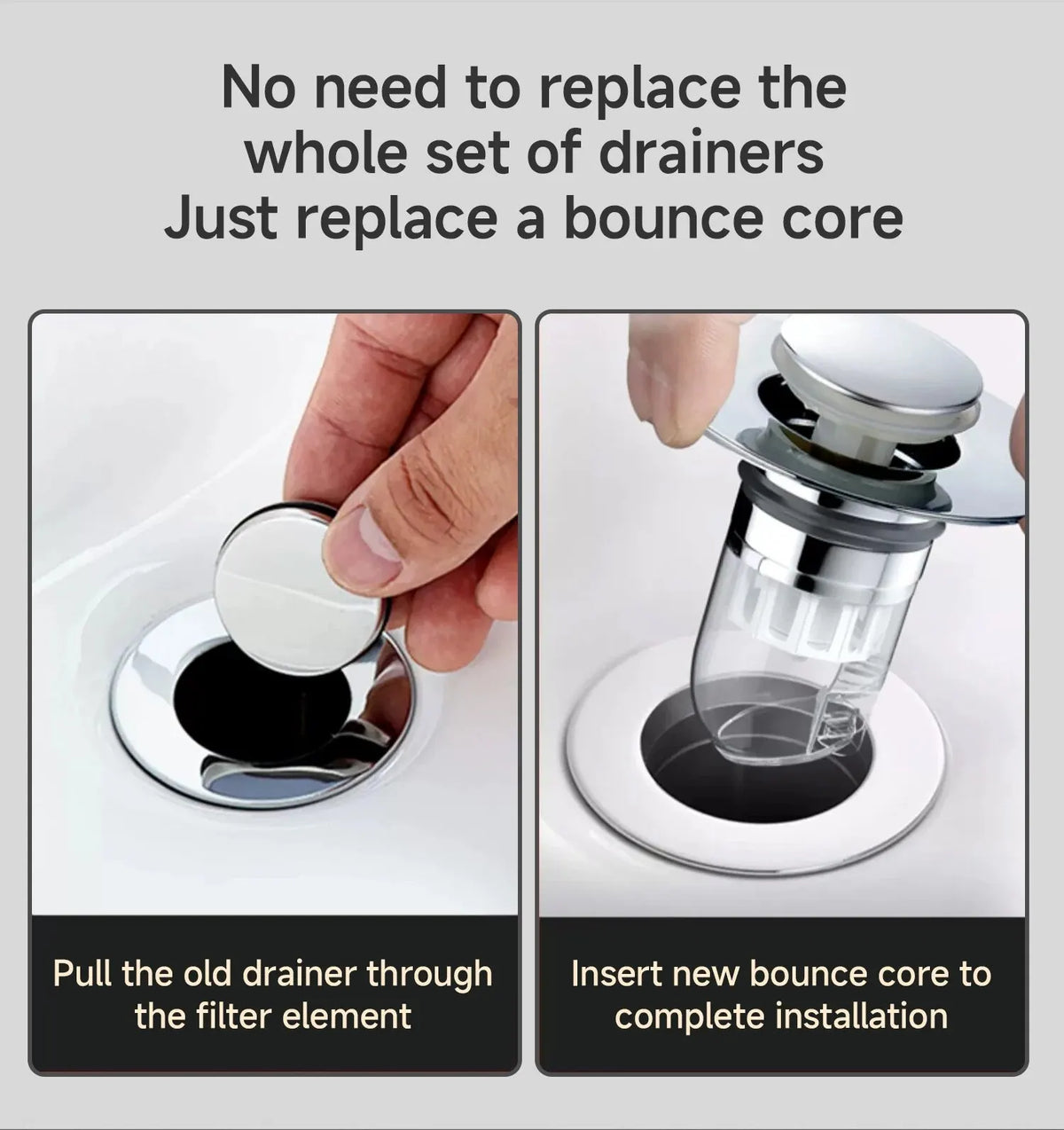 Instructions showing how to replace a bounce core in a pop-up drain filter for sinks and tubs
