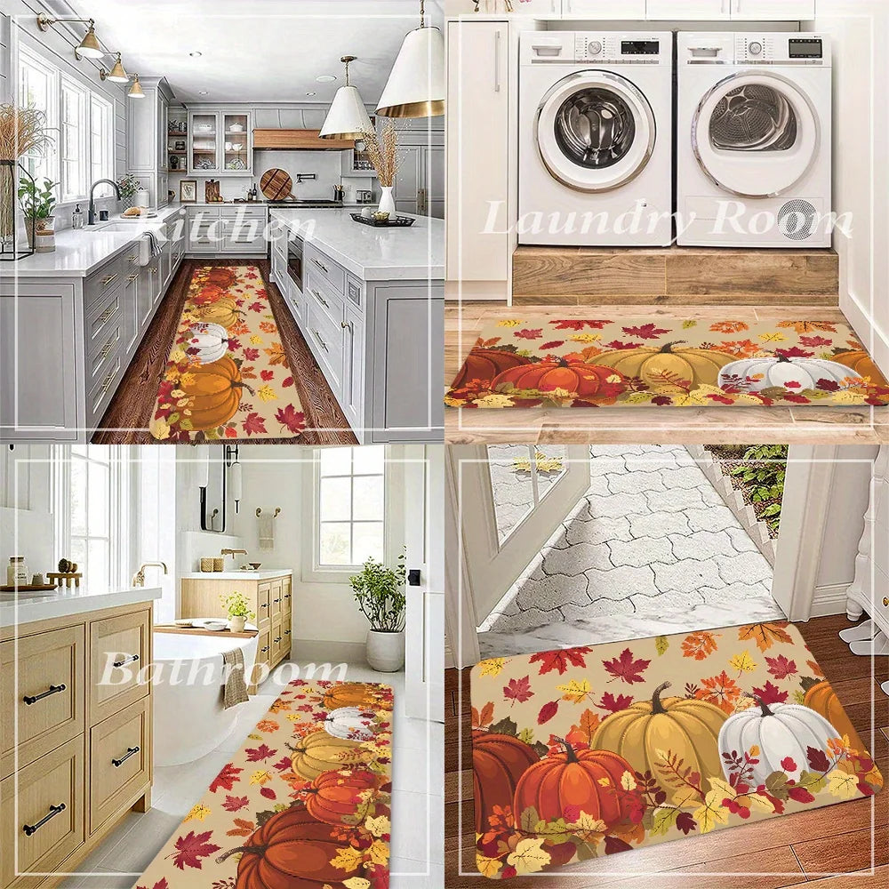 A collection of area rugs featuring Thanksgiving pumpkin and maple leaf designs in autumn colors.