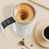 A white mug filled with coffee is shown next to a spoon and loose coffee grounds, illustrating a 20S automatic stop relax and