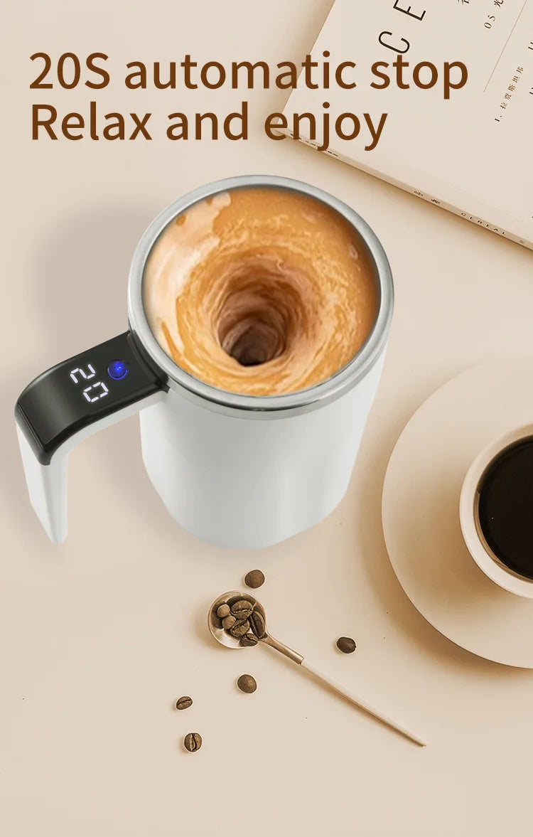A white mug filled with coffee is shown next to a spoon and loose coffee grounds, illustrating a 20S automatic stop relax and