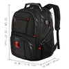 Black travel backpack with multiple compartments and a USB port for laptops
