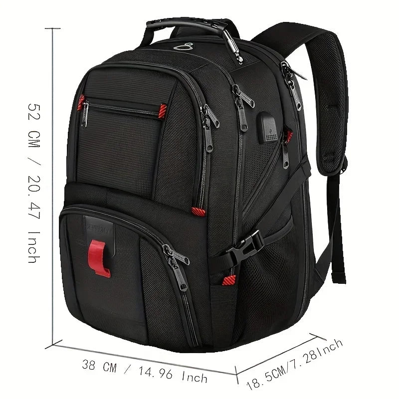 Black travel backpack with multiple compartments and a USB port for laptops