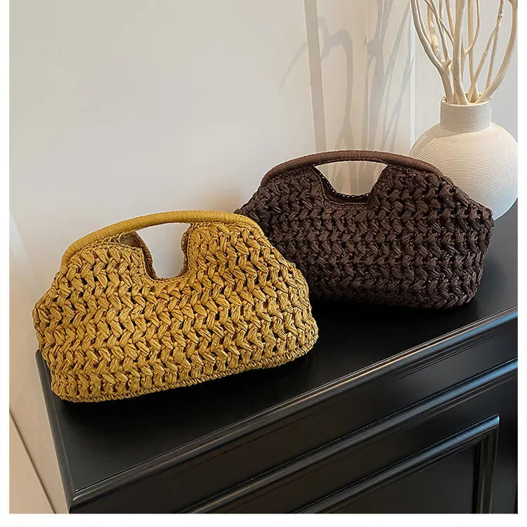 Handwoven Straw Tote Bag with Zipper