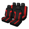 A set of four black car seat covers with red accents shown in a row.