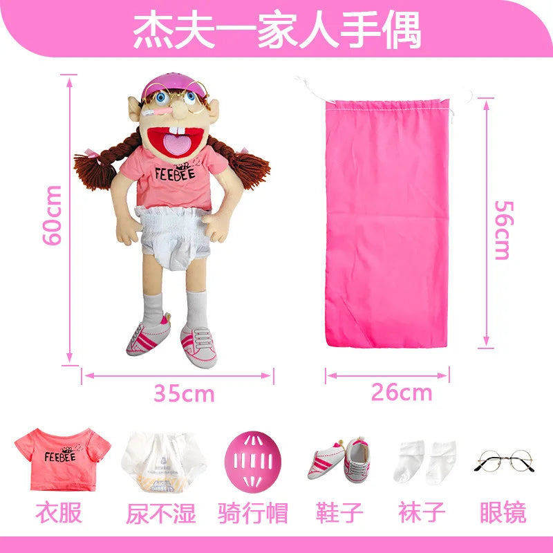 A pink plush hand puppet of Jeffy Zombie Boy with a shirt and shorts, shown next to its dimensions.