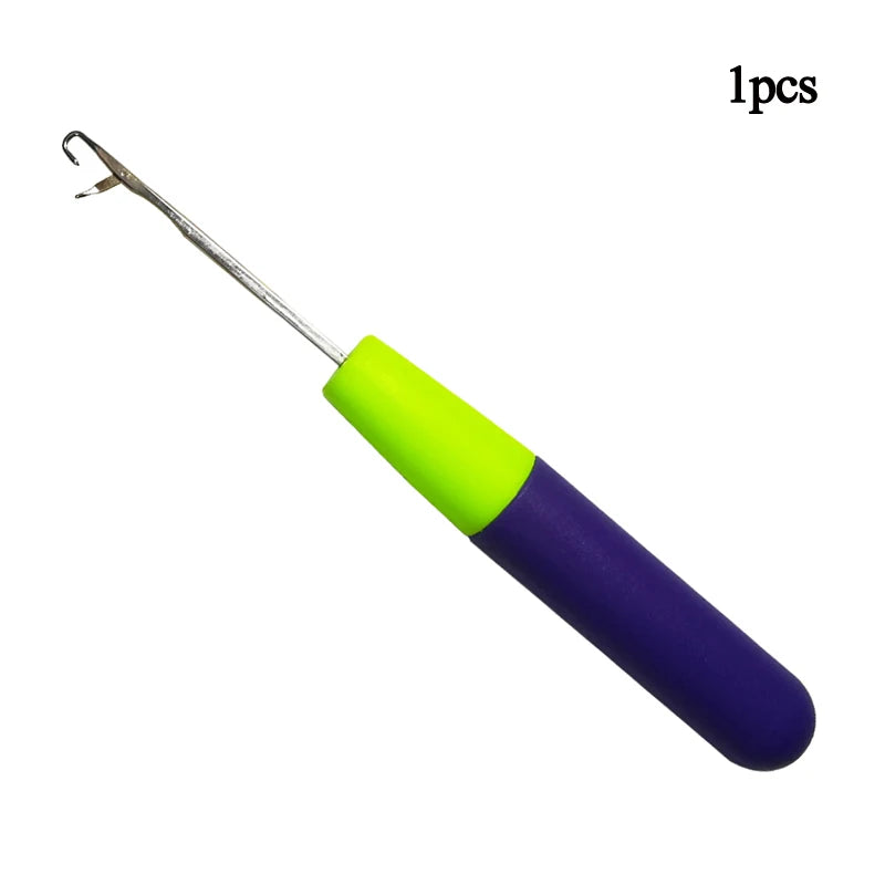 A single hair weaving crochet hook needle with a silver wire and a bright lime green handle and purple grip.