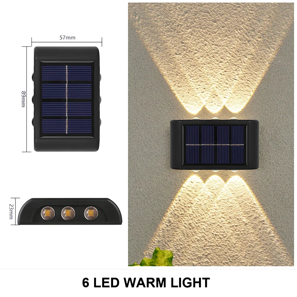 A solar powered wall light featuring six LED warm lights providing upward and downward illumination.