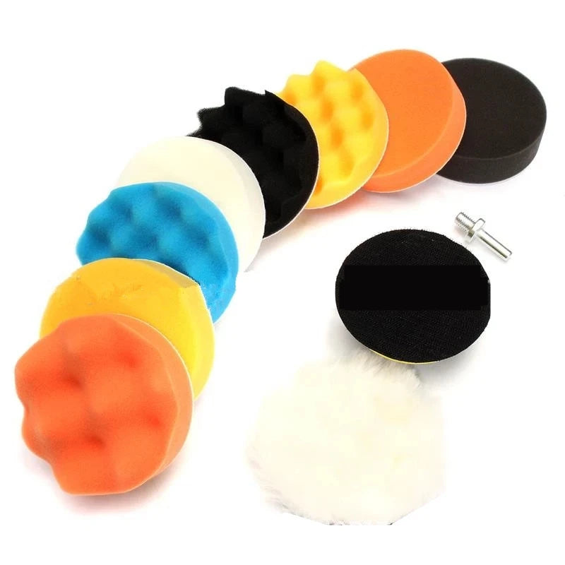 A set of nine self-adhesive polishing pads in various colors including orange, yellow, blue, and black.