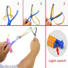 Three views of an LED glowing flying arrow toy with rubber band launcher showing assembly and operation.