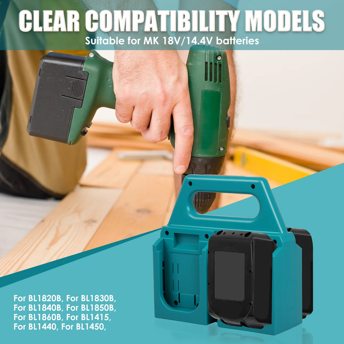 A portable battery organizer for Makita 18V/14.4V power tool batteries shown in green and black.