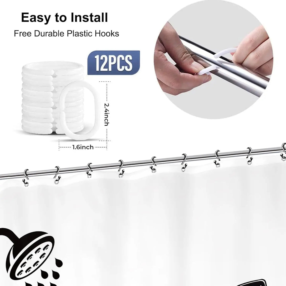 Set of 12 clear plastic hooks for installing a skeleton skull shower curtain