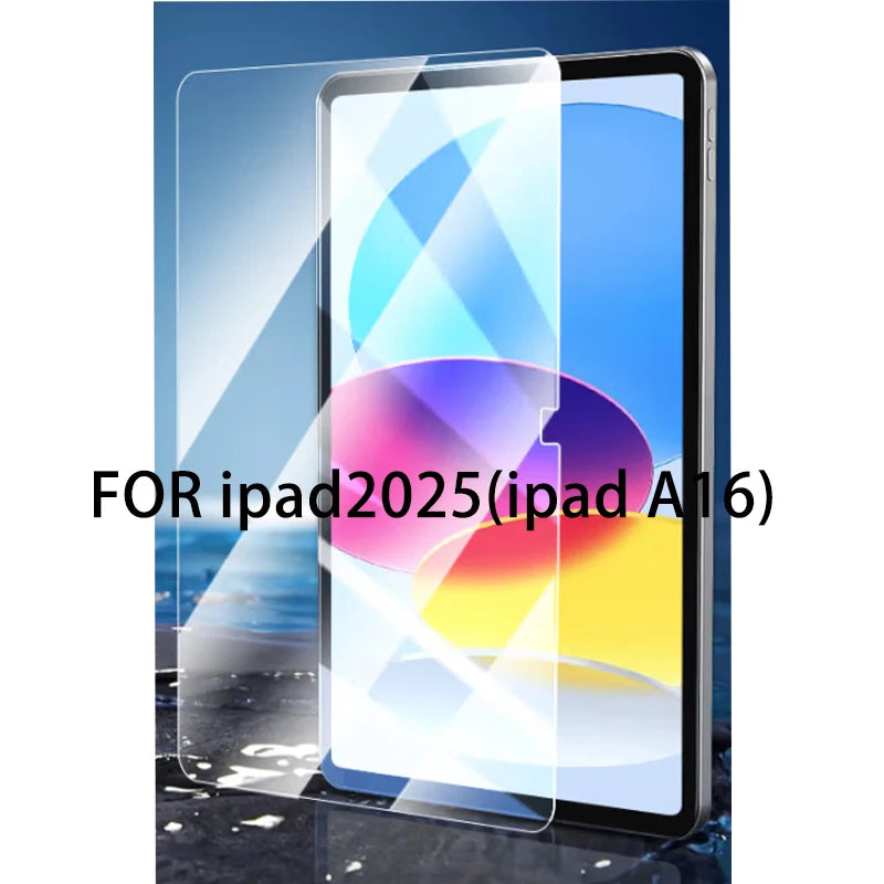 A clear tempered glass screen protector is shown applied to an iPad, displaying colorful light patterns.