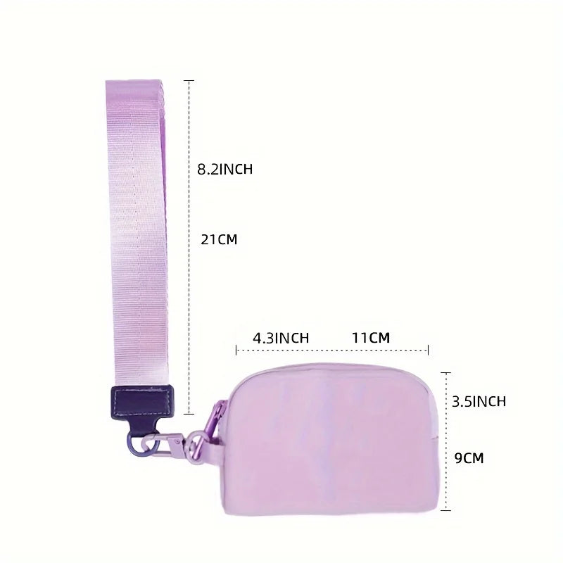 A light purple detachable wristlet wallet with a zipper pouch and card slots shown next to its dimensions.