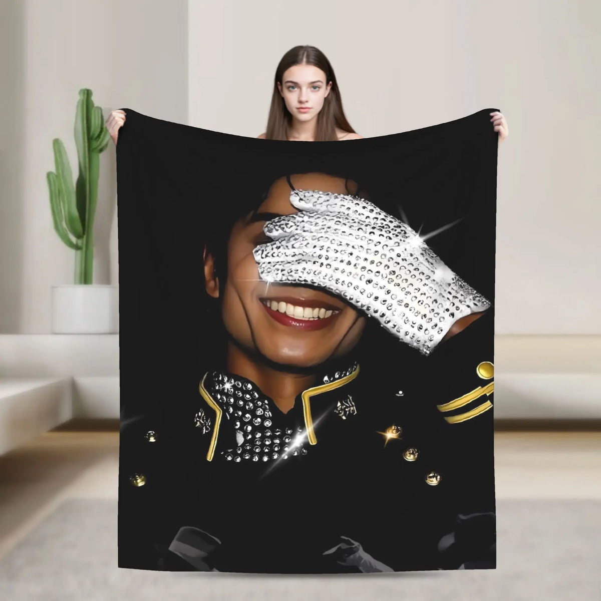 A black graphic plush throw blanket featuring a portrait of Michael Jackson with sparkling details.