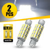 A pair of silver LED festoon bulbs for automotive interior lighting, packaged with a 2-pack label.