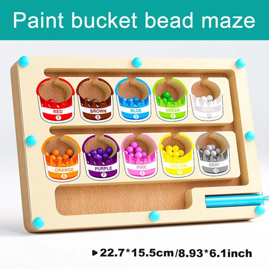 A wooden paint bucket bead maze board with ten colored paint buckets for toddlers