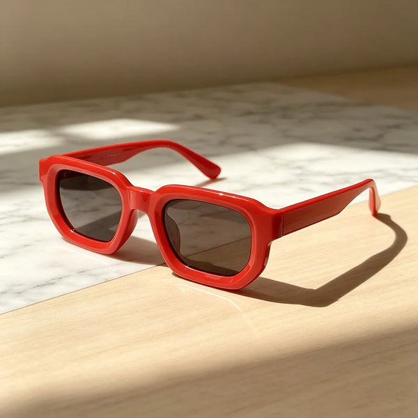 Un par de gafas de sol rectangulares rojas vintage sobre una superficie de madera clara.