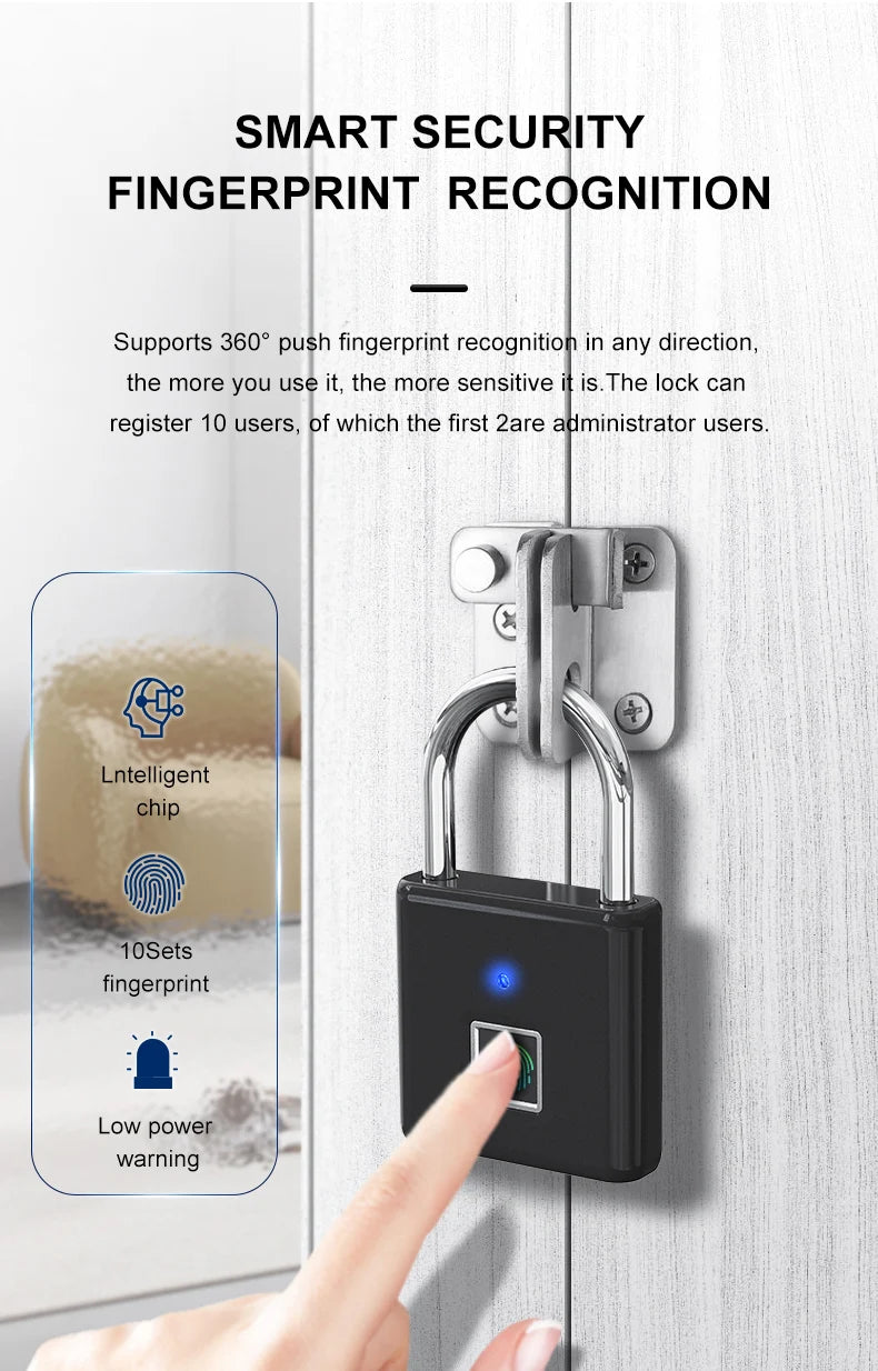 A hand is pressing a fingerprint onto a smart security fingerprint recognition padlock installed on a white door panel.