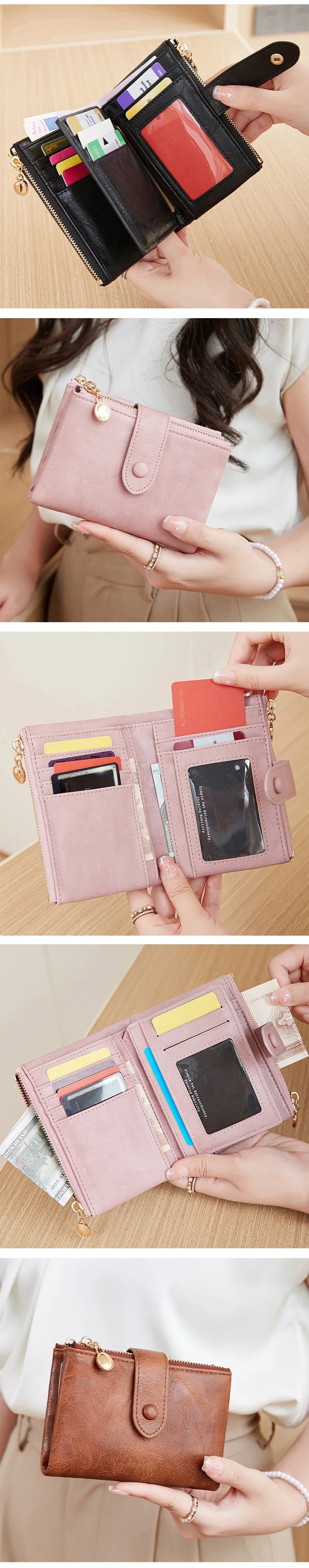 Women's Retro Tri-Fold Wallet with Large Capacity and Dual Zippers