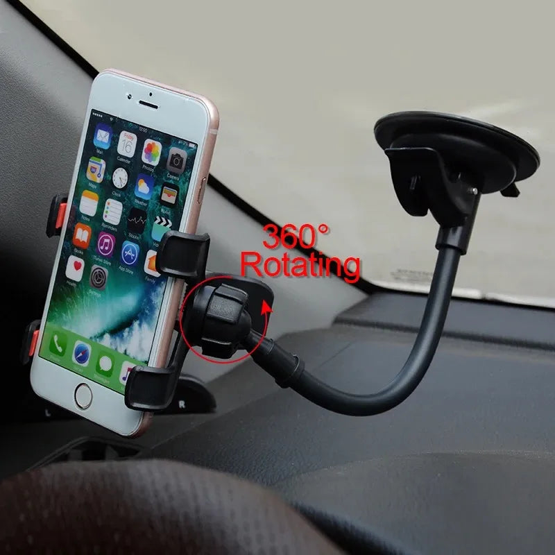 Un smartphone est monté sur un support de téléphone de voiture à rotation 360 degrés avec une ventouse fixée sur le panneau i