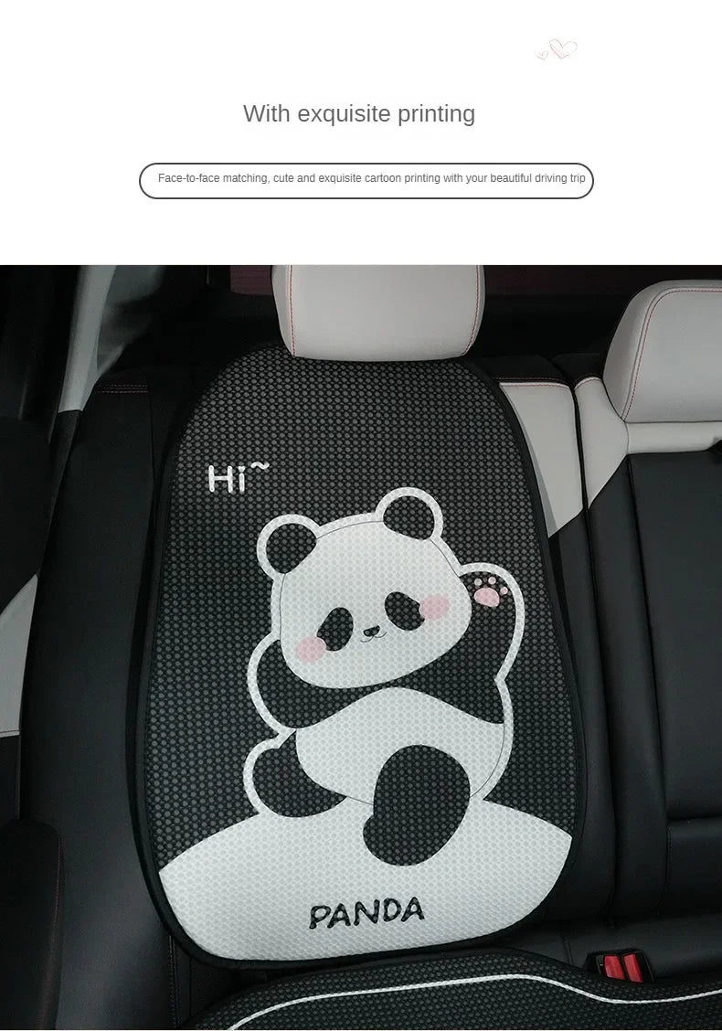 Black car seat cover with a white panda cartoon print on the headrest pillow