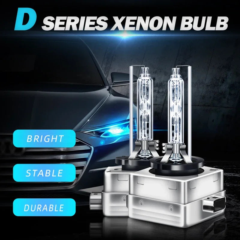 A pair of D Series Xenon bulbs displayed in their holders against a dark car background.