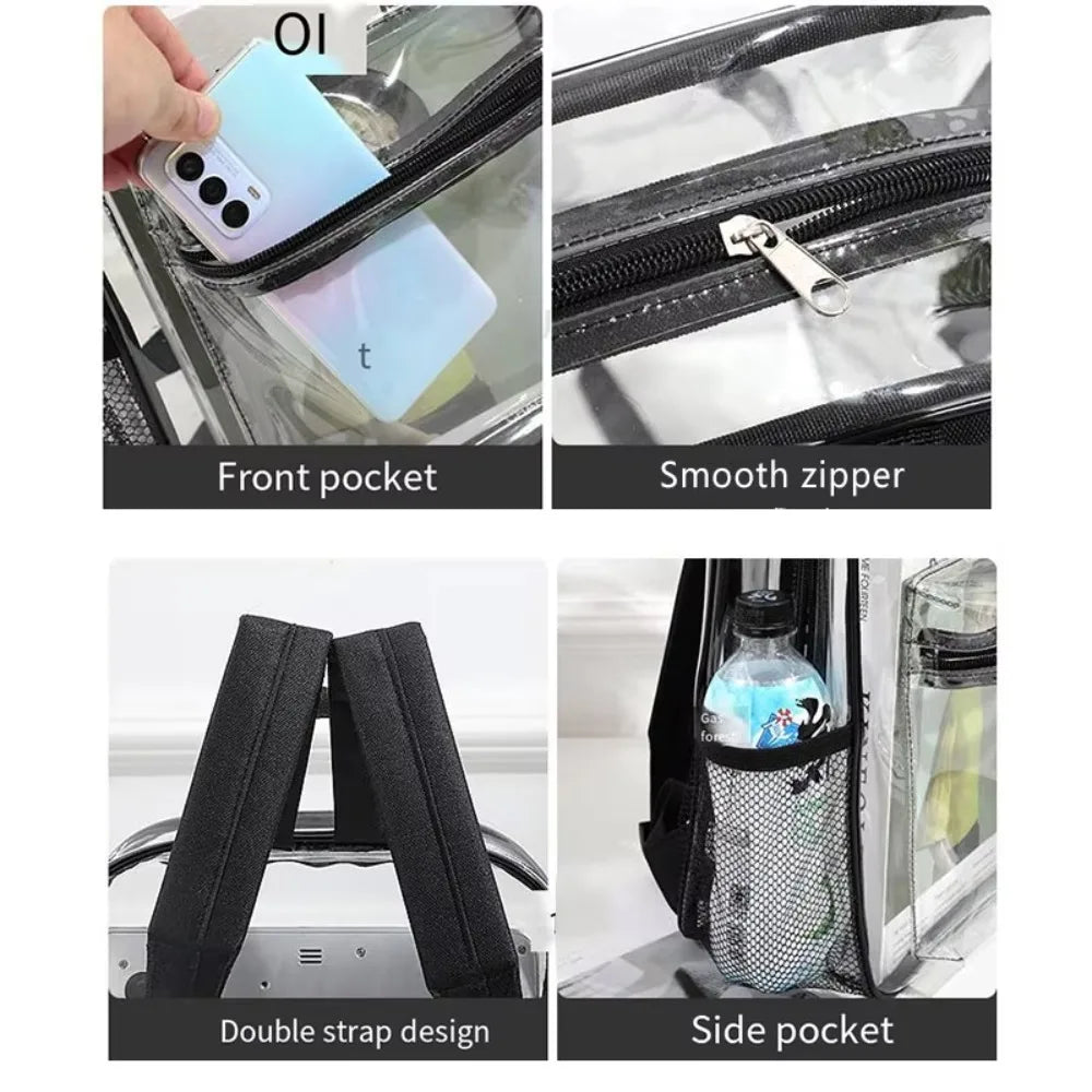 Transparent PVC backpack featuring a front pocket, smooth zipper, double strap design, and side pocket.