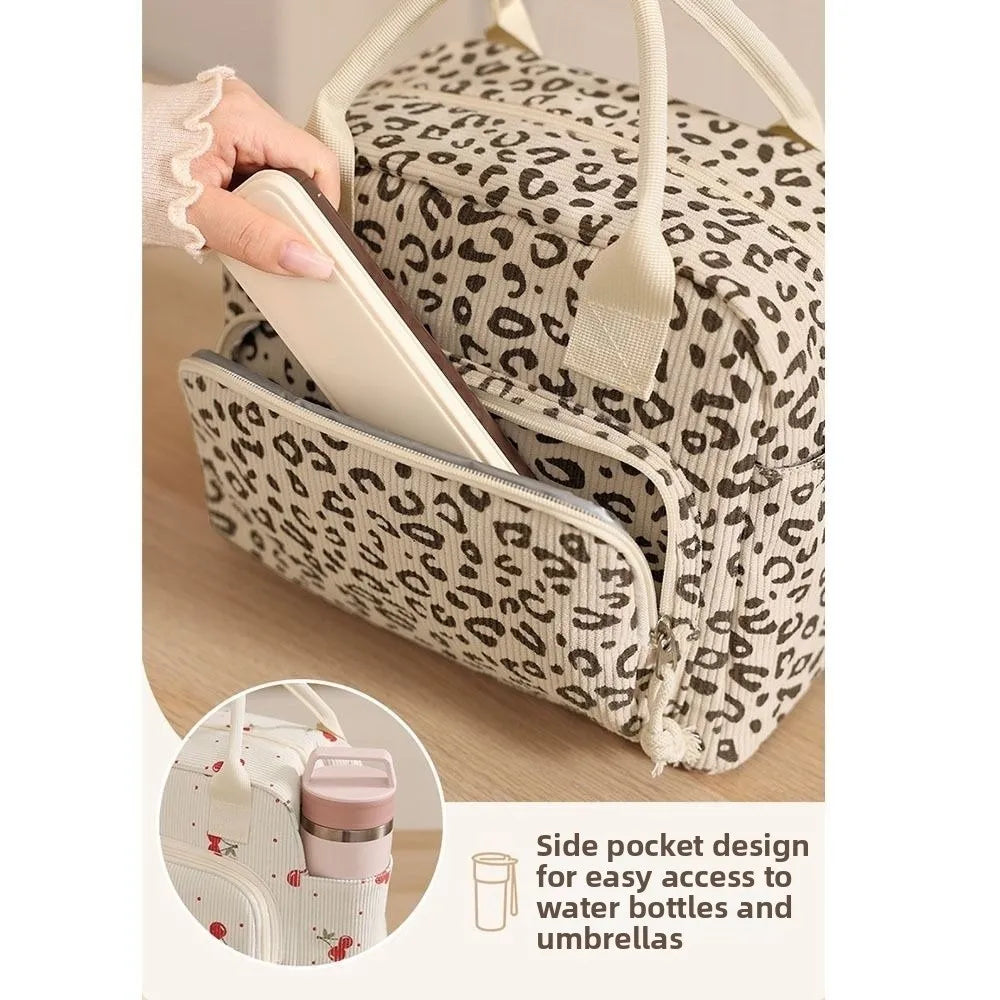 Strawberry Corduroy Insulated Lunch Bag with Large Capacity