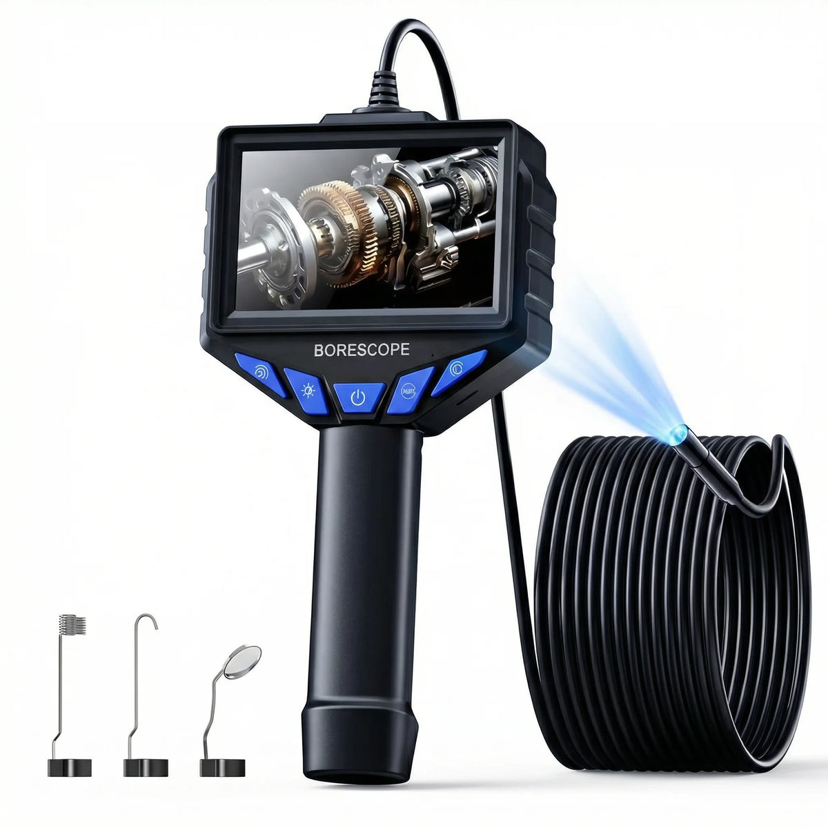 A black industrial borescope device with a screen and probe, next to various endoscope tips.