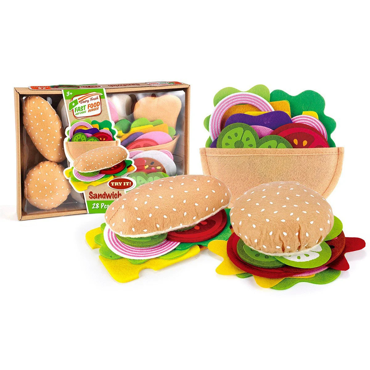 A felt food play set featuring a burger and sandwich, including various colored buns and toppings in a cardboard box.