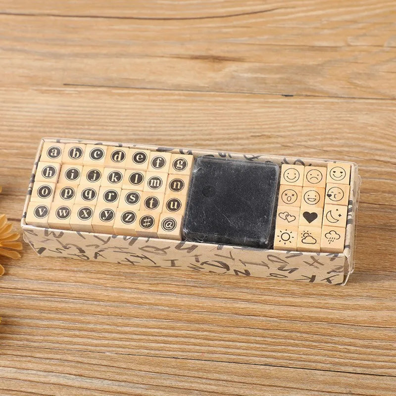 Vintage Wooden Rubber Stamp Set with Ink Pad