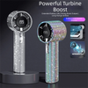 A sparkling diamond pattern portable fan with an LED glow displaying 199 on the display.