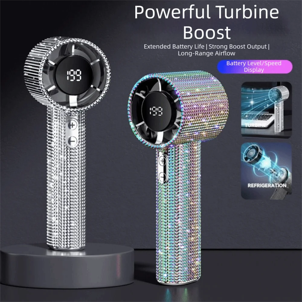 A sparkling diamond pattern portable fan with an LED glow displaying 199 on the display.