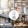 Hanging moisture absorber bags displayed in wooden shelving units and a bedroom setting.