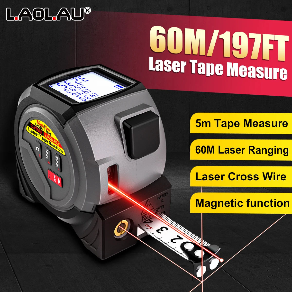 3-in-1 Laser Distance Measurer with Tape Measure and Cross-Line Level