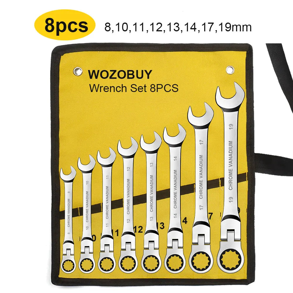 Metric Ratcheting Wrench Set with Flex-Head and Carry Bag