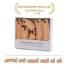 A box containing a 20-piece wooden track set for trains, measuring 23x19x4.4cm and weighing 0.7kg.