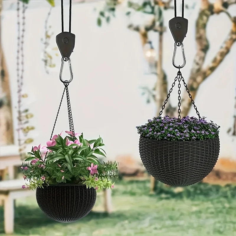 A heavy-duty camping rope tightener with a ratchet lock hanging, holding a woven basket of purple flowers.
